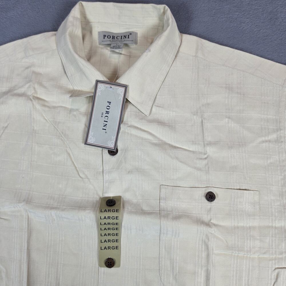 Porcini 100% Silk Camp Shirt Mens Large Cream Plaid Button Front Casual
